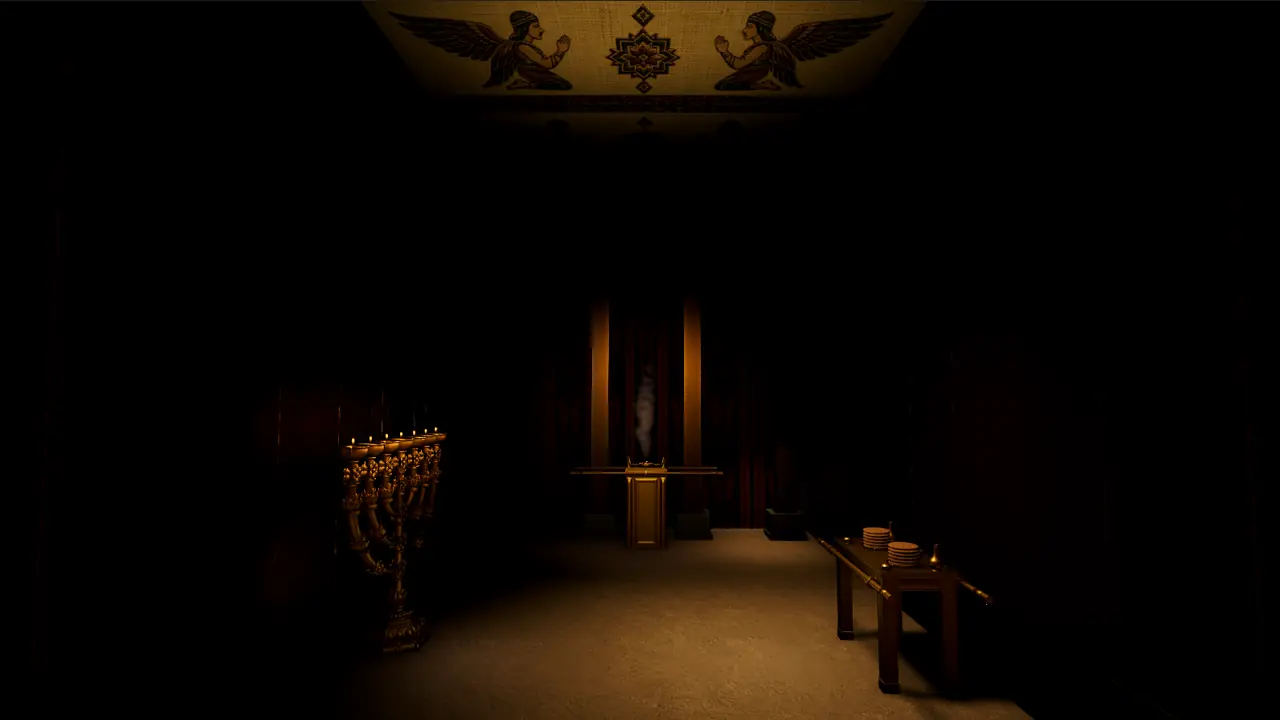 Interior del Lugar Santo con la menorá, el altar del incienso y la mesa de los panes